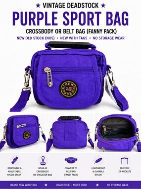 Purple Nylon Sport Bag with Convertible Crossbody or Belt Bag New Old Stock